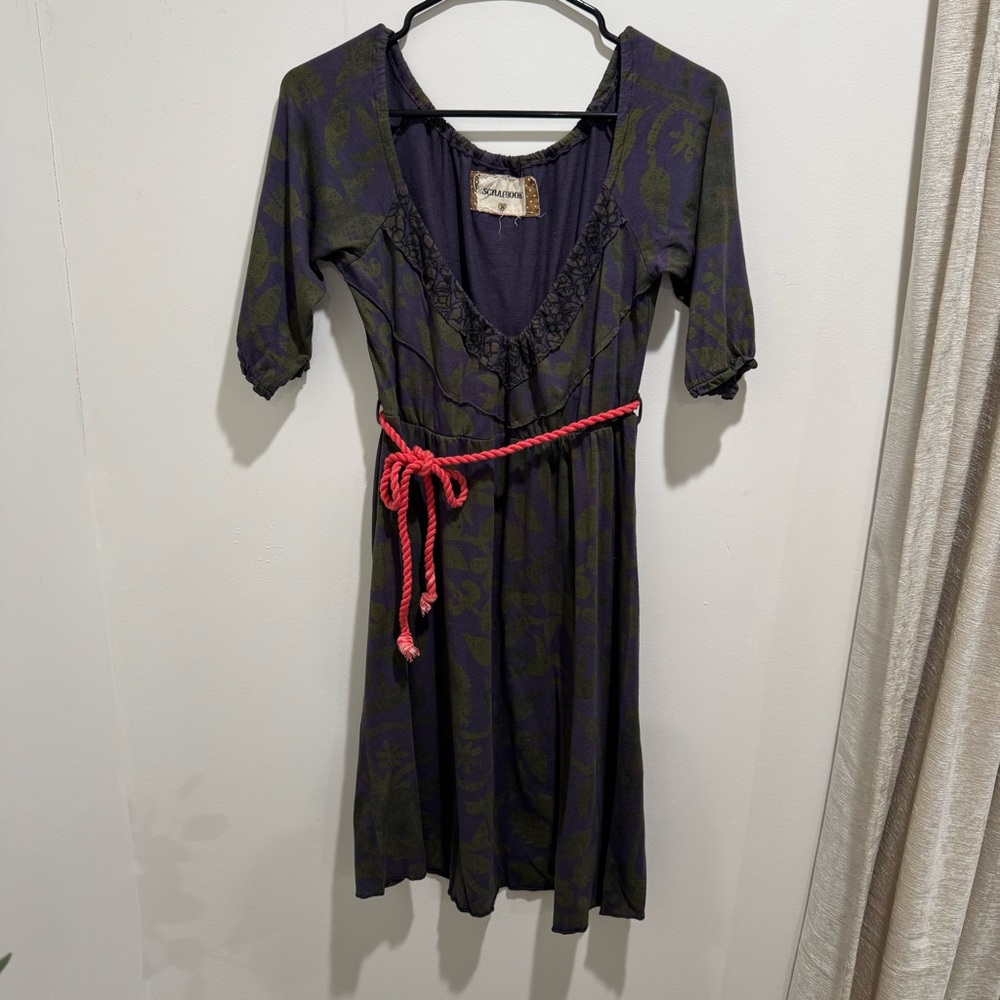 Scrapbook Anthropologie Boho Floral Midi‎ Dress Purple Green Size M